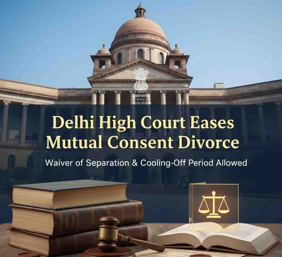 Delhi High Court Eases Mutual Consent Divorce: Waiver of Separation & Cooling-Off Period Allowed create an image as per text with cartoon background