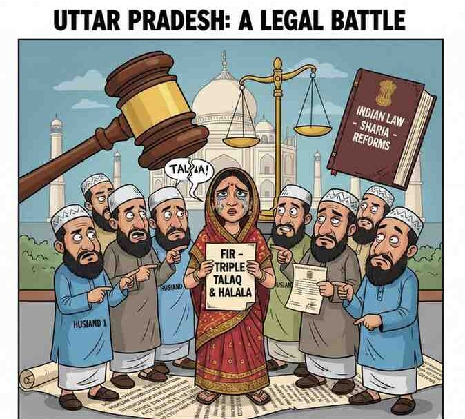 Triple Talaq–Halala FIR in Uttar Pradesh creates an cartoon image as per text with law background for article blog post