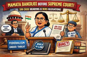 Significant and Rare Appearance of Mamata Banerjee Before the Supreme Court of India for SIR Case - Hearing Details, Allegations of Bias and Related Rules of Court create a cartoon image a spertext with law background in ratio 16:9