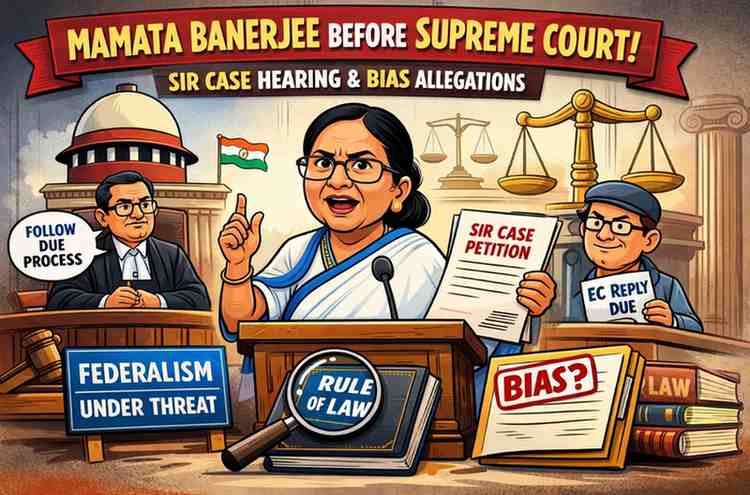 Significant and Rare Appearance of Mamata Banerjee Before the Supreme Court of India for SIR Case - Hearing Details, Allegations of Bias and Related Rules of Court create a cartoon image a spertext with law background in ratio 16:9